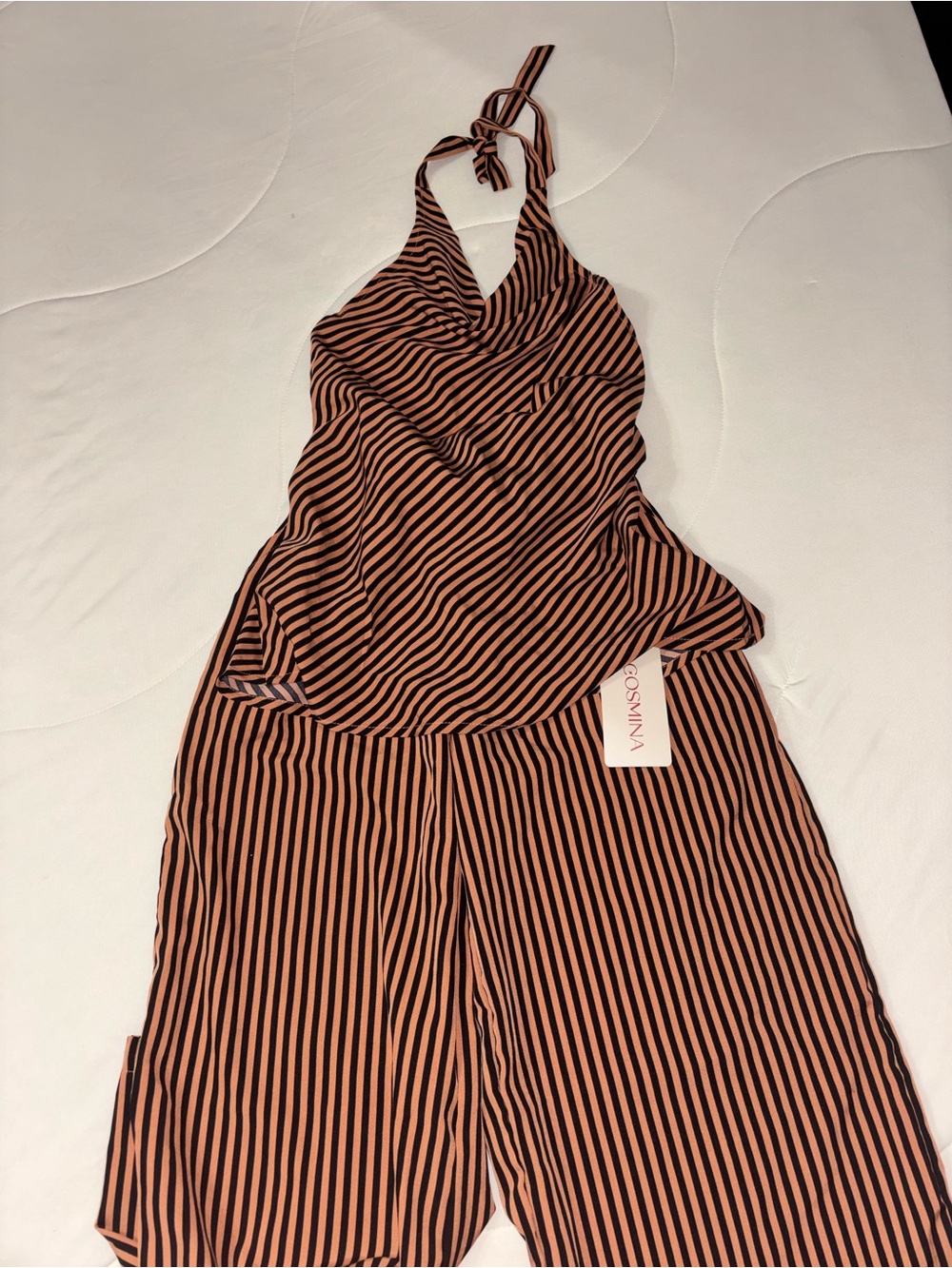 Wide Leg Striped Pants - Black and Rust